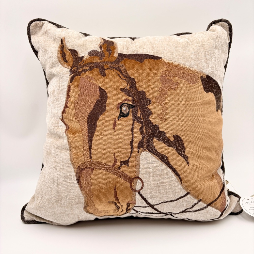 Retreat by Secret Celebrity Embroidered Horse Decorative Pillow Beige Brown NEW